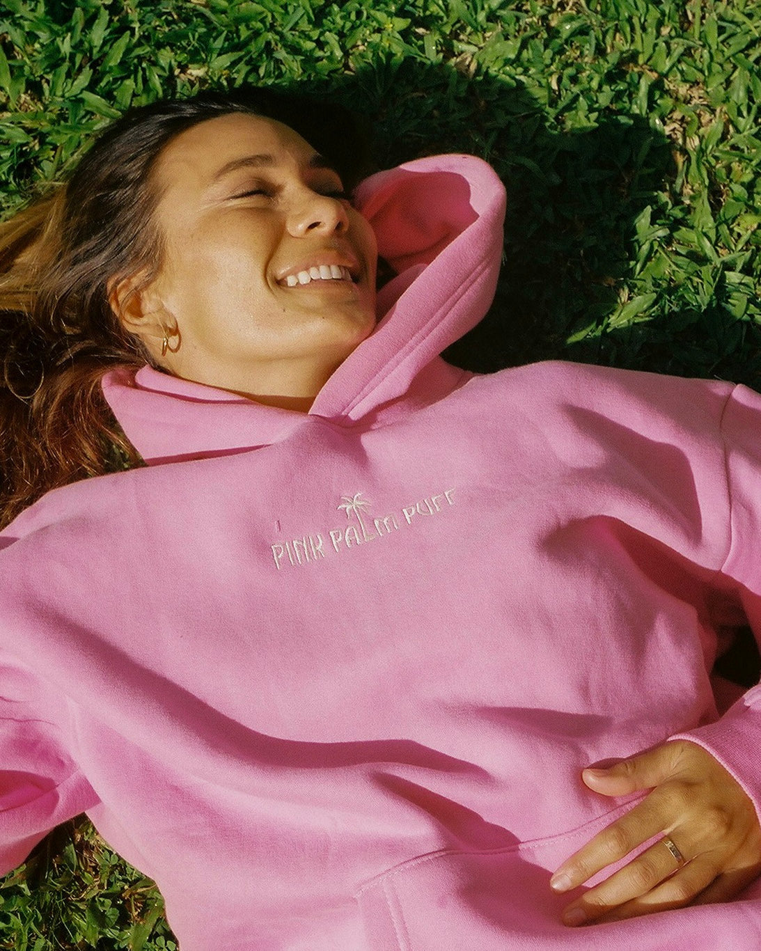 Pink Palm Puff Classic Puff Hoodie in Raspberry