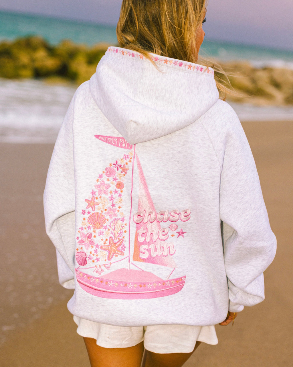 Pink Palm Puff “Chase the Sun” Relaxed Hoodie in Heather Cloud
