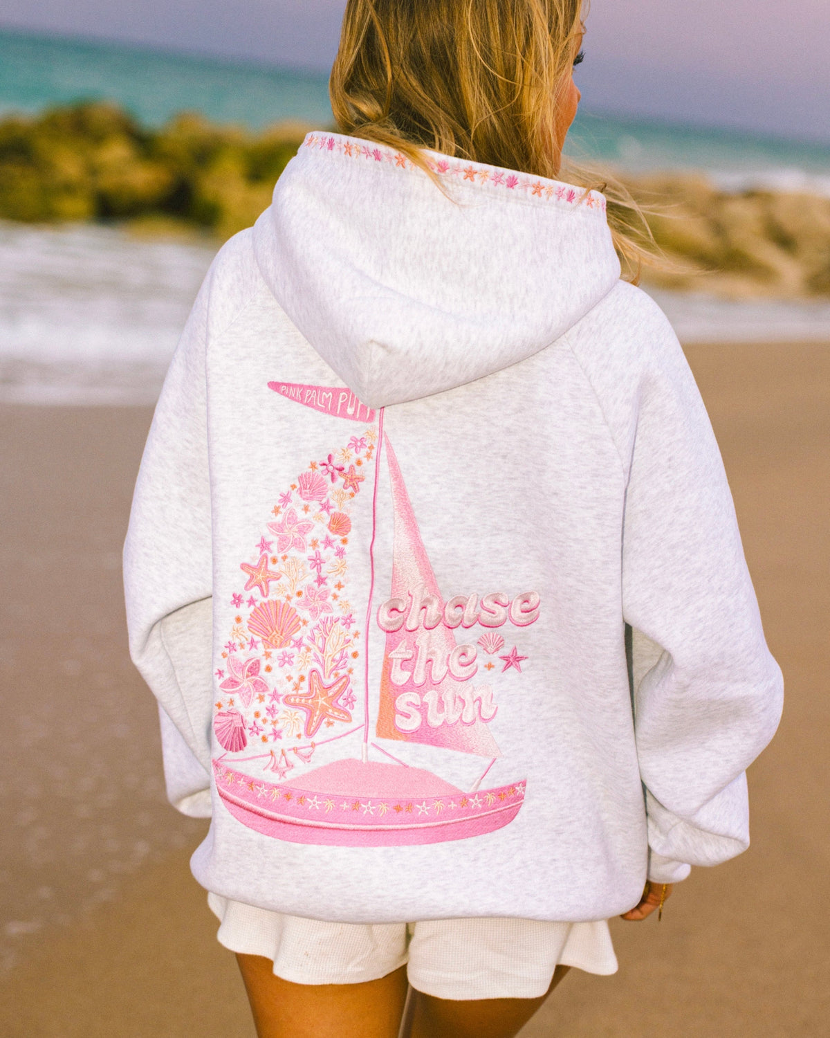 Pink Palm Puff “Chase the Sun” Relaxed Hoodie in Heather Cloud