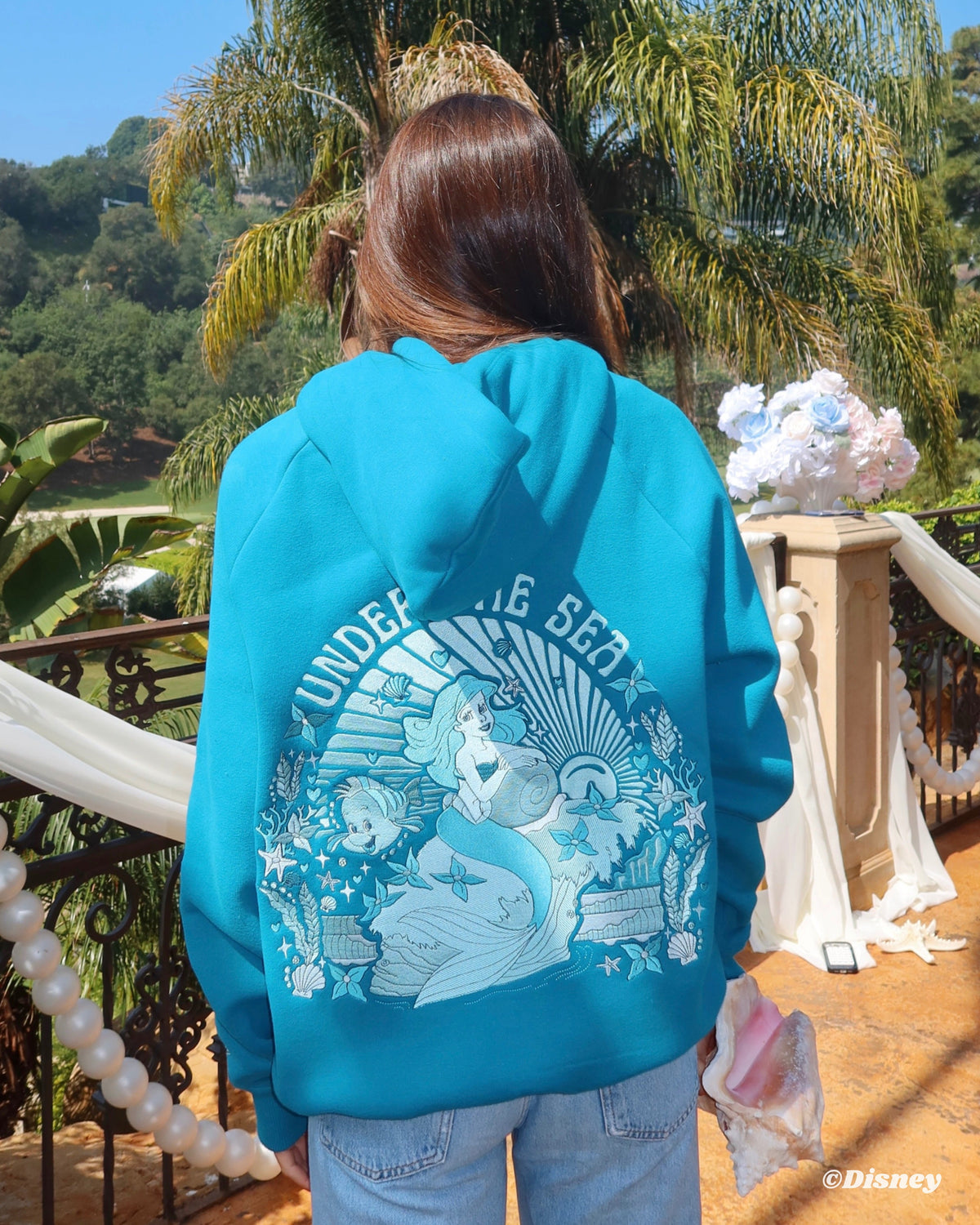 Pink Palm Puff “Under the Sea” Relaxed Hoodie in Deep Blue