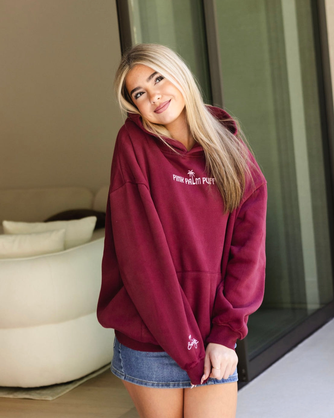 Pink Palm Puff "Live in the Moment" Hoodie in Cherry