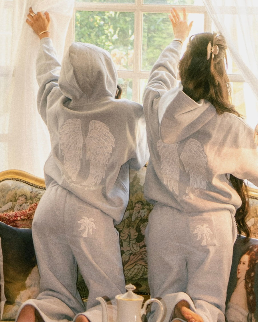 Pink Palm Puff "Lacy" Hoodie in Sky Grey