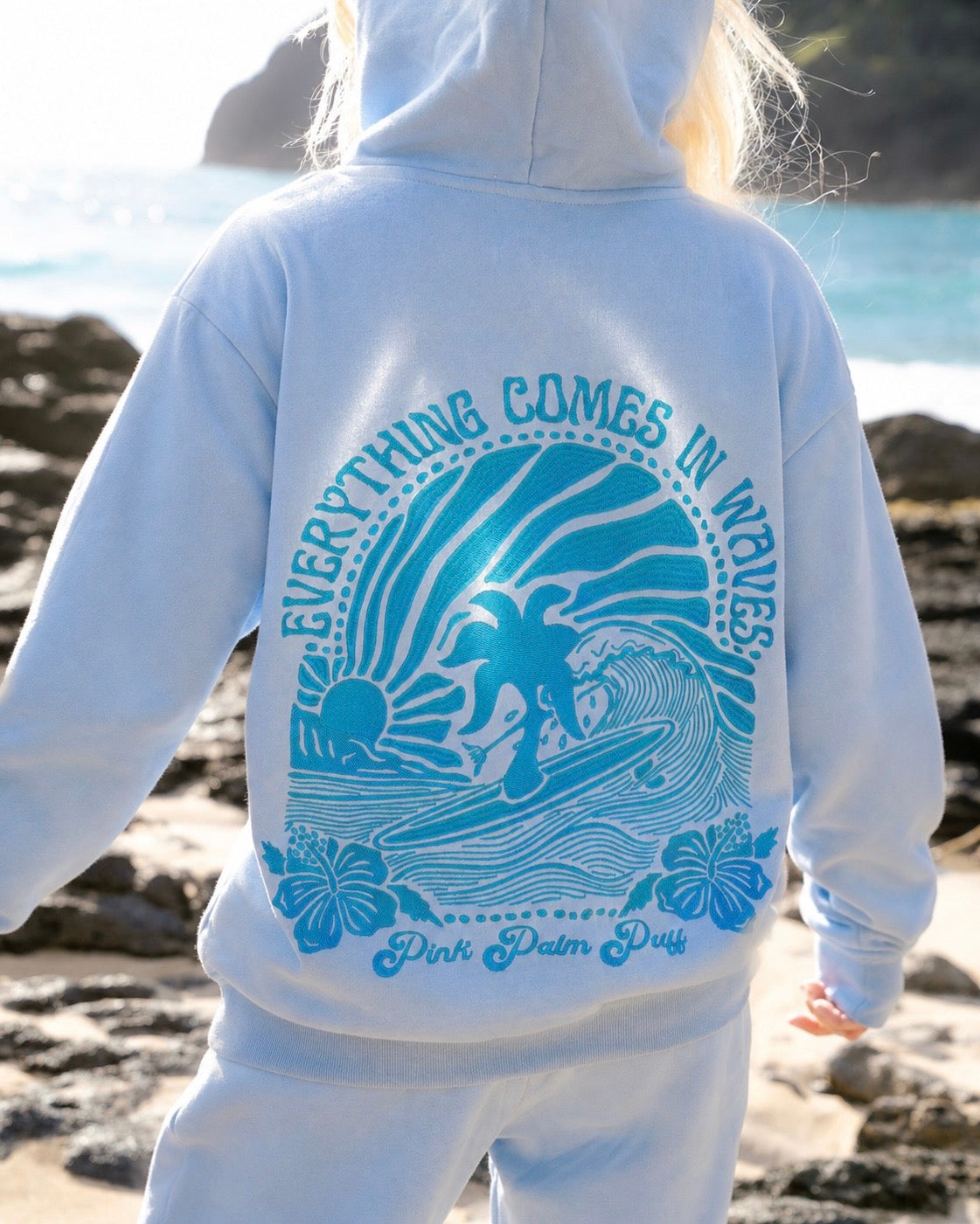 Pink Palm Puff "Everything Comes in Waves” Hoodie in Blue