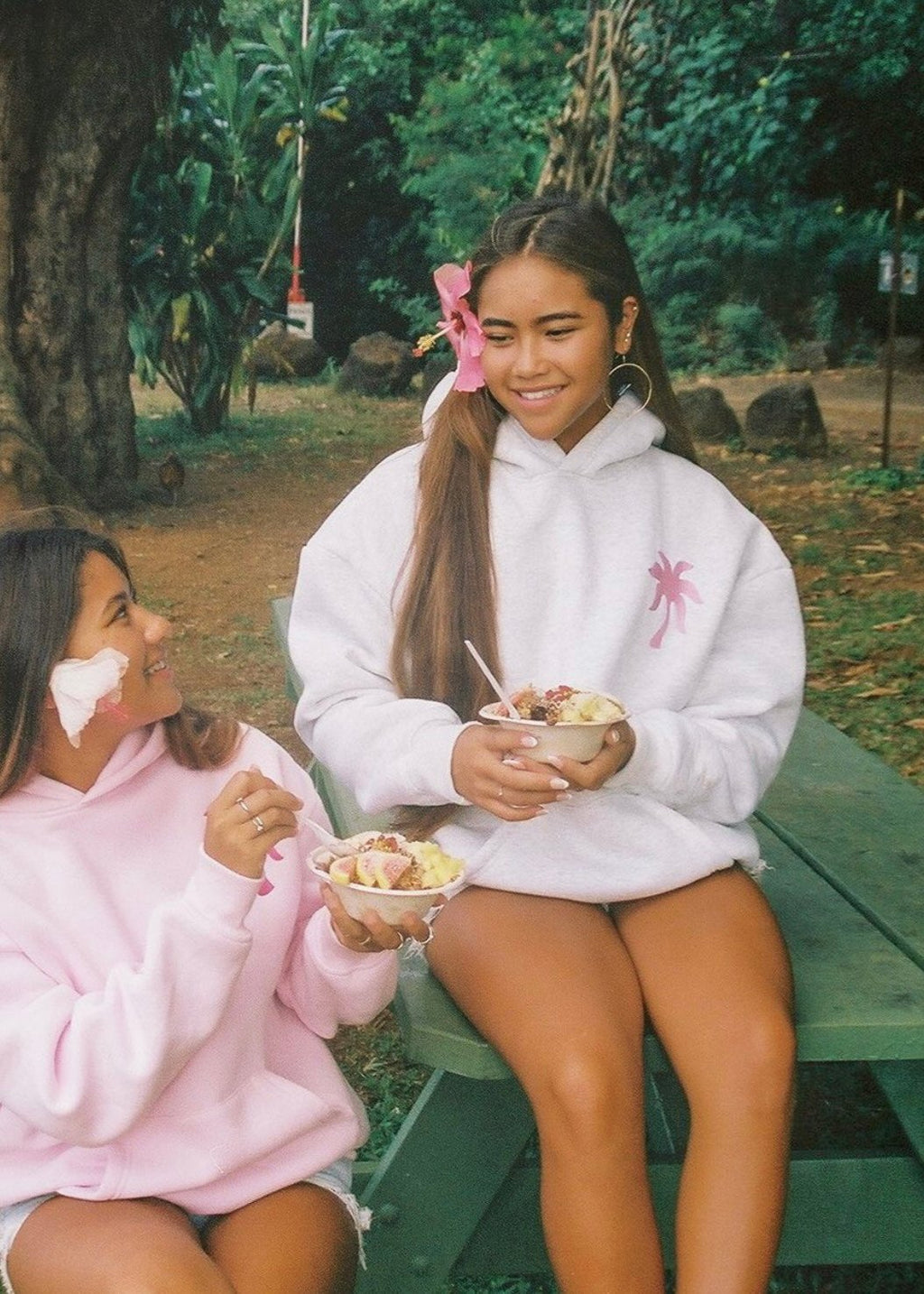 Pink Palm Puff "Hawaii Hibiscus" Hoodie in Heather Cloud