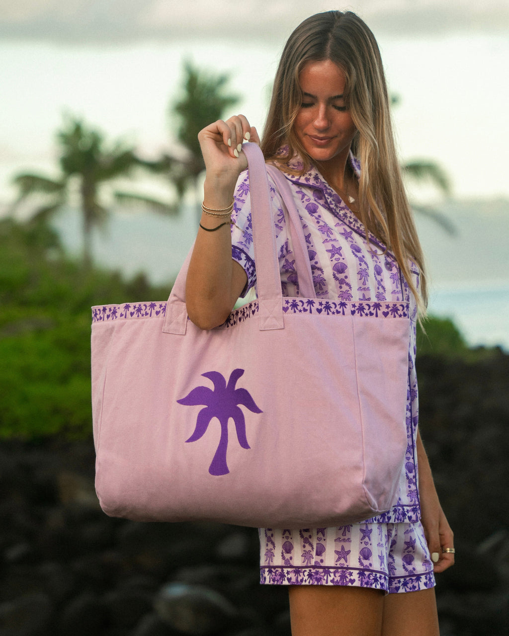 Pink Palm Puff Couture Carryall in Twilight (Reversible)
