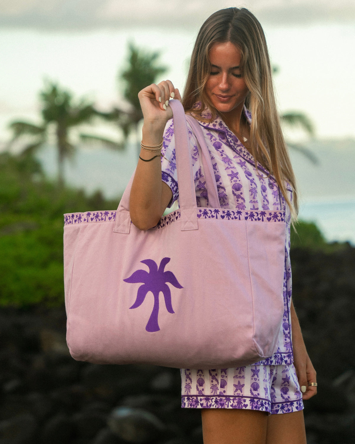 Pink Palm Puff Couture Carryall in Twilight (Reversible)