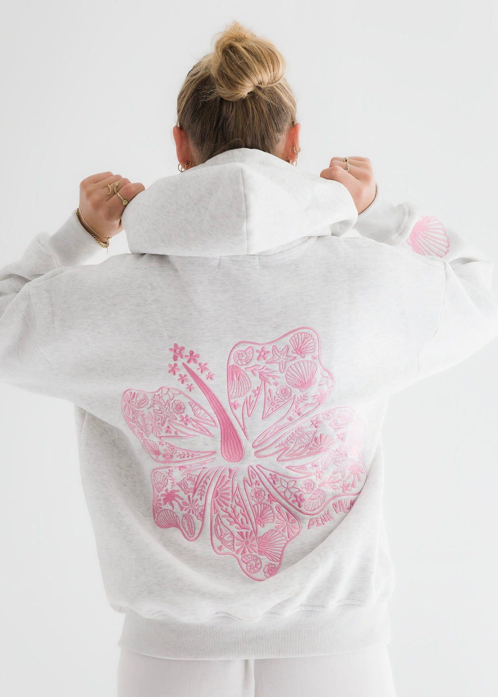 Pink Palm Puff "Hawaii Hibiscus" Hoodie in Heather Cloud