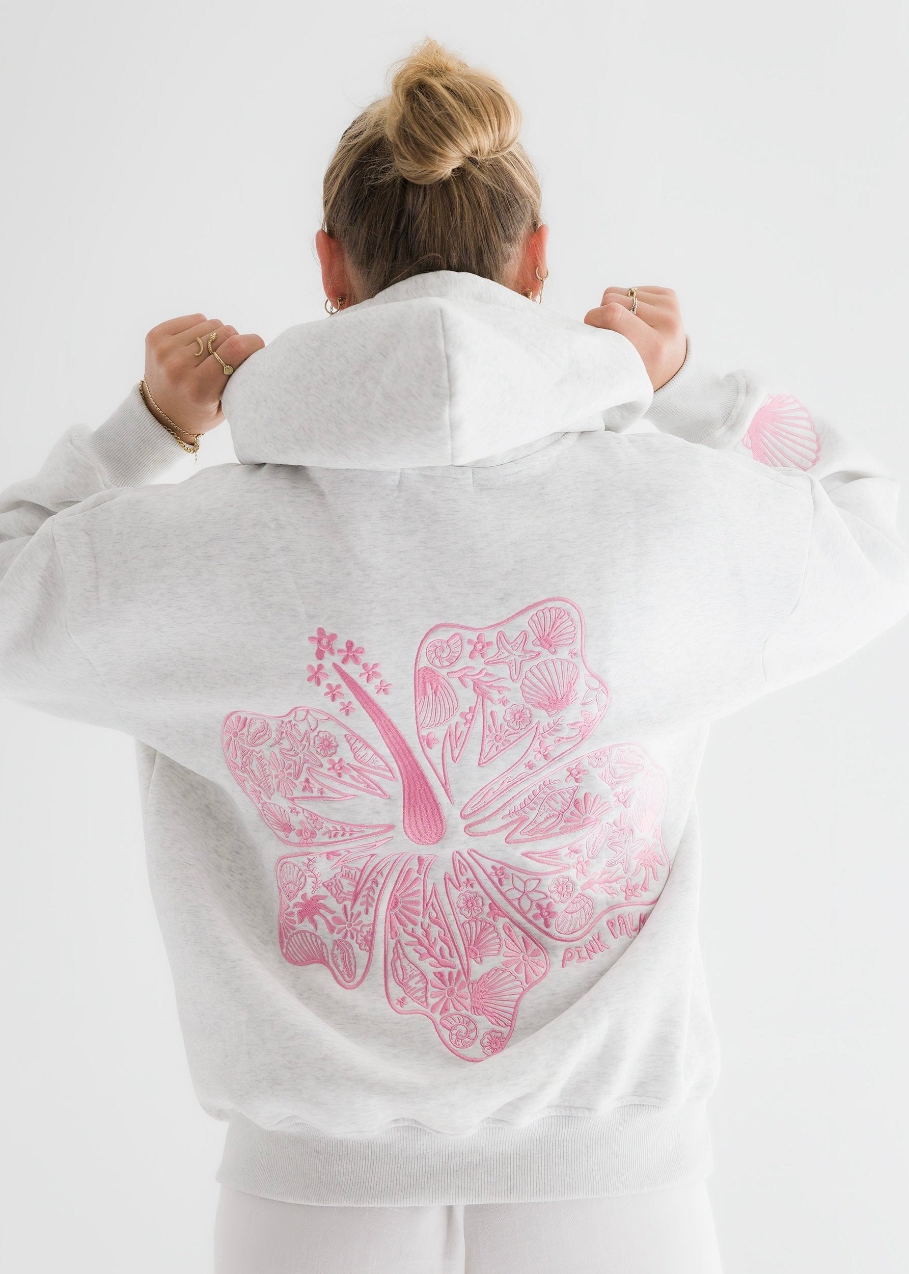 Pink Palm Puff "Hawaii Hibiscus" Hoodie in Heather Cloud