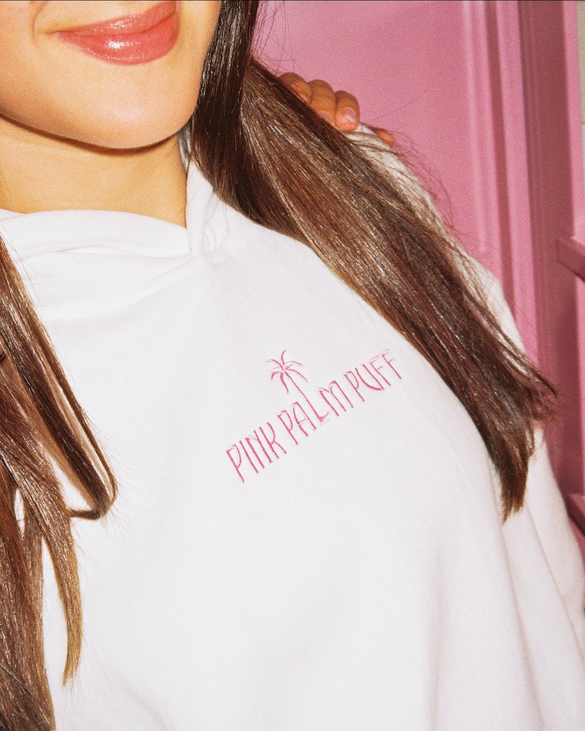 Pink Palm Puff Classic Puff Hoodie in Pink Opal