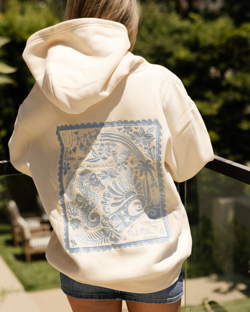Pink Palm Puff "Live in the Moment" Hoodie in Sand