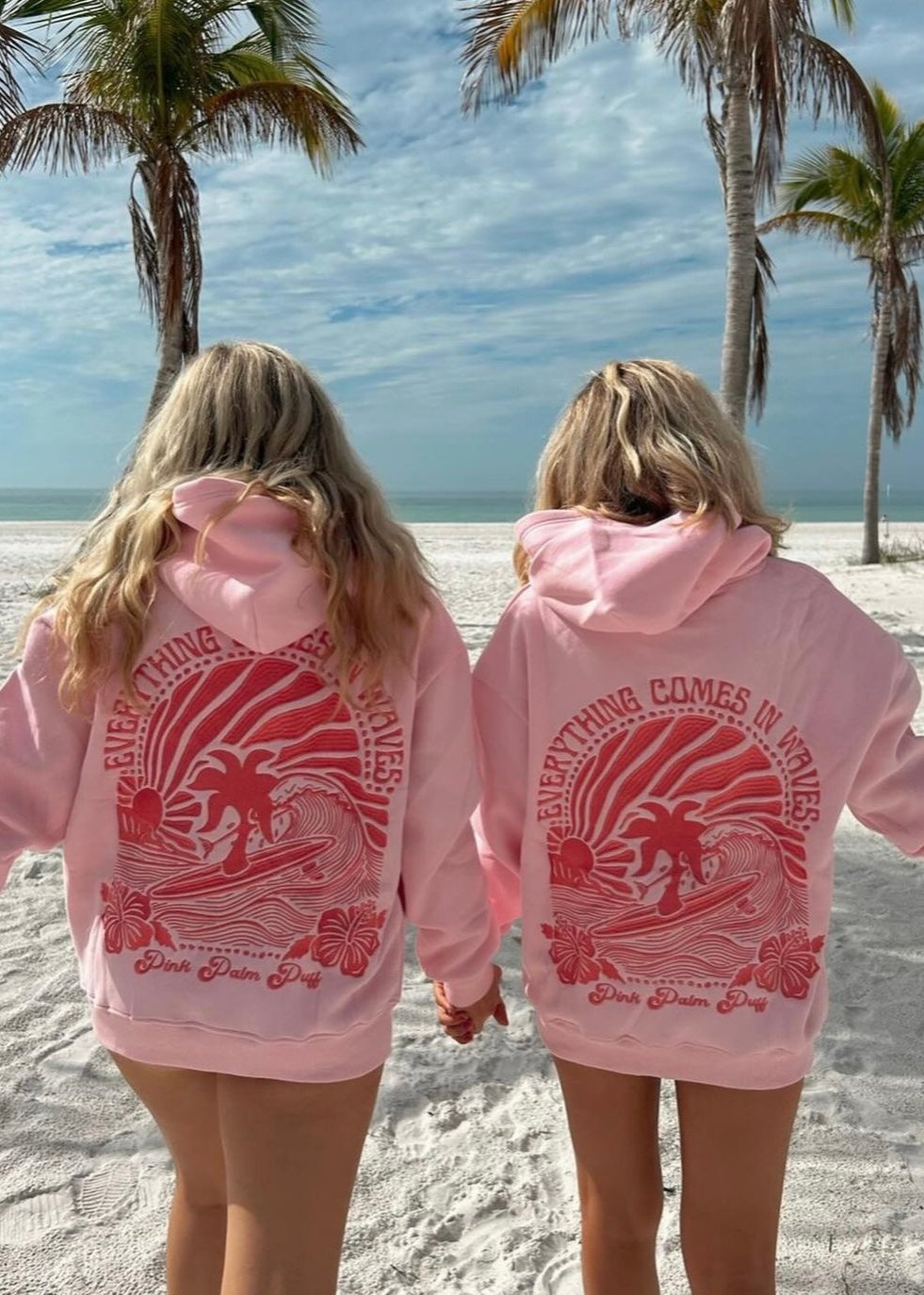 Pink Palm Puff "Everything Comes in Waves" Hoodie in Pink