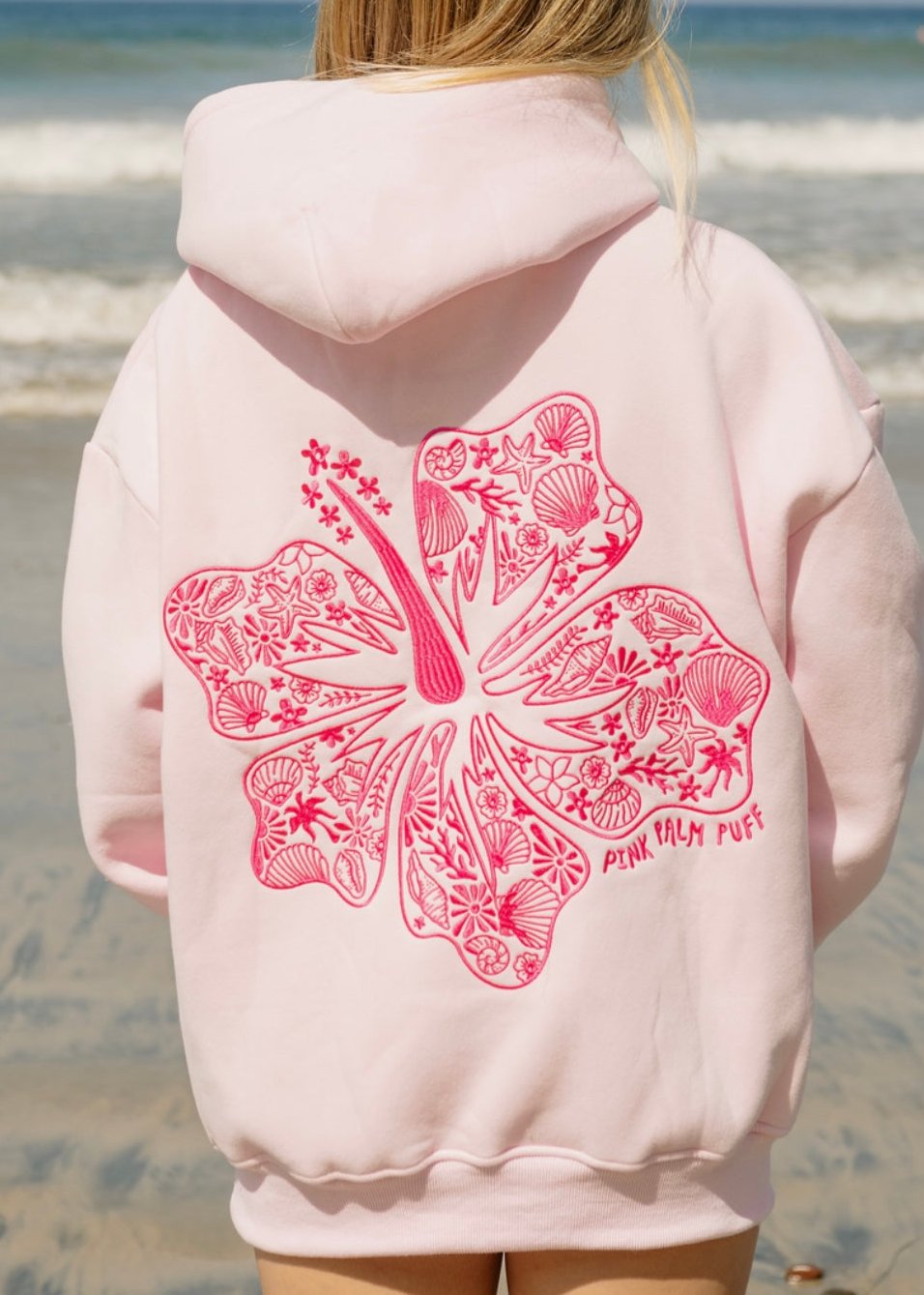 Pink Palm Puff "Hawaii Hibiscus" Hoodie in Blush