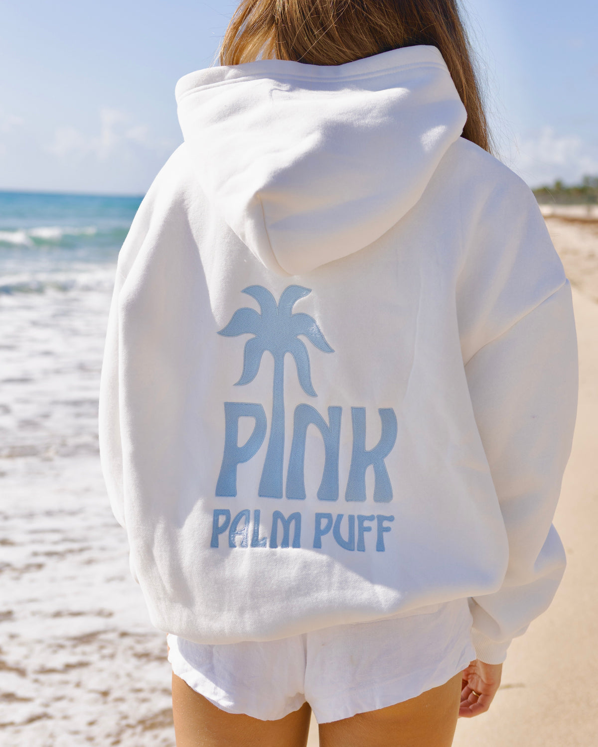 Pink Palm Puff Classic Puff Hoodie in Ocean Air