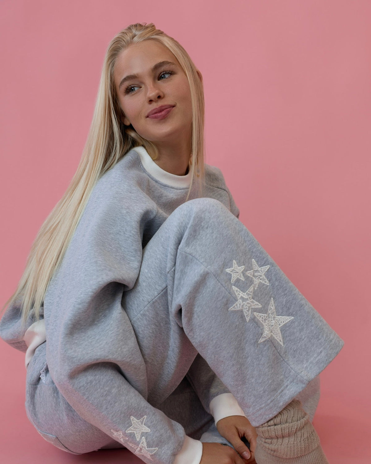 Pink Palm Puff "Lacy" Wideleg Sweatpants in Sky Grey