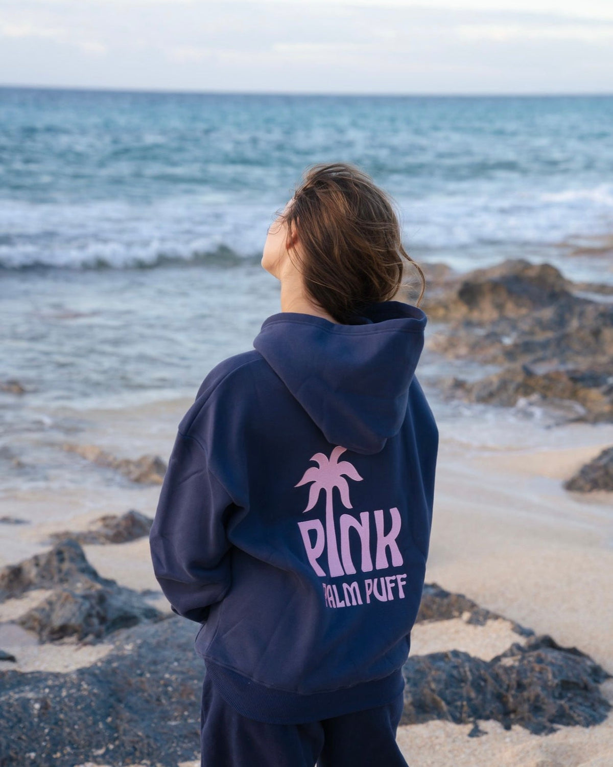Pink Palm Puff Classic Puff Hoodie in Navy