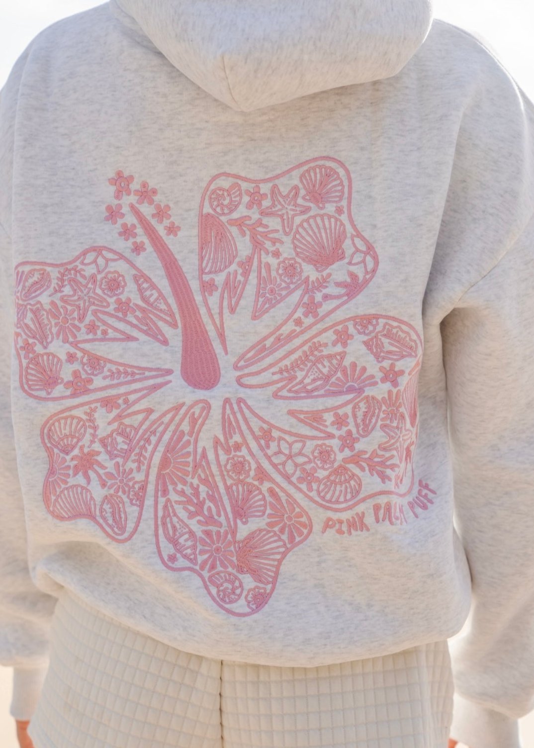 Pink Palm Puff "Hawaii Hibiscus" Hoodie in Heather Cloud