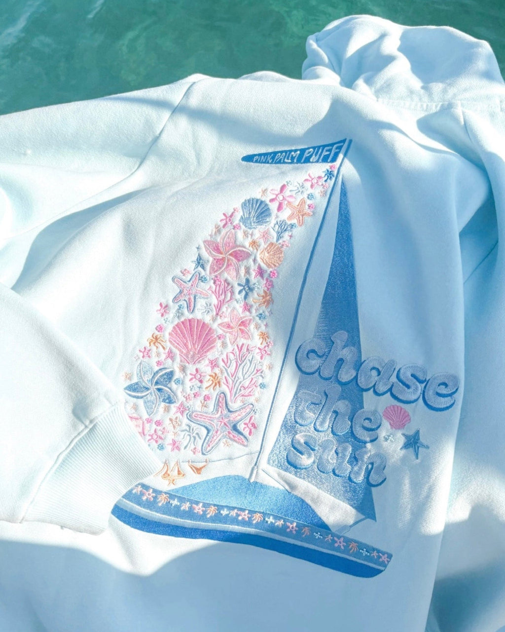 Pink Palm Puff “Chase the Sun” Relaxed Hoodie in Sky Blue