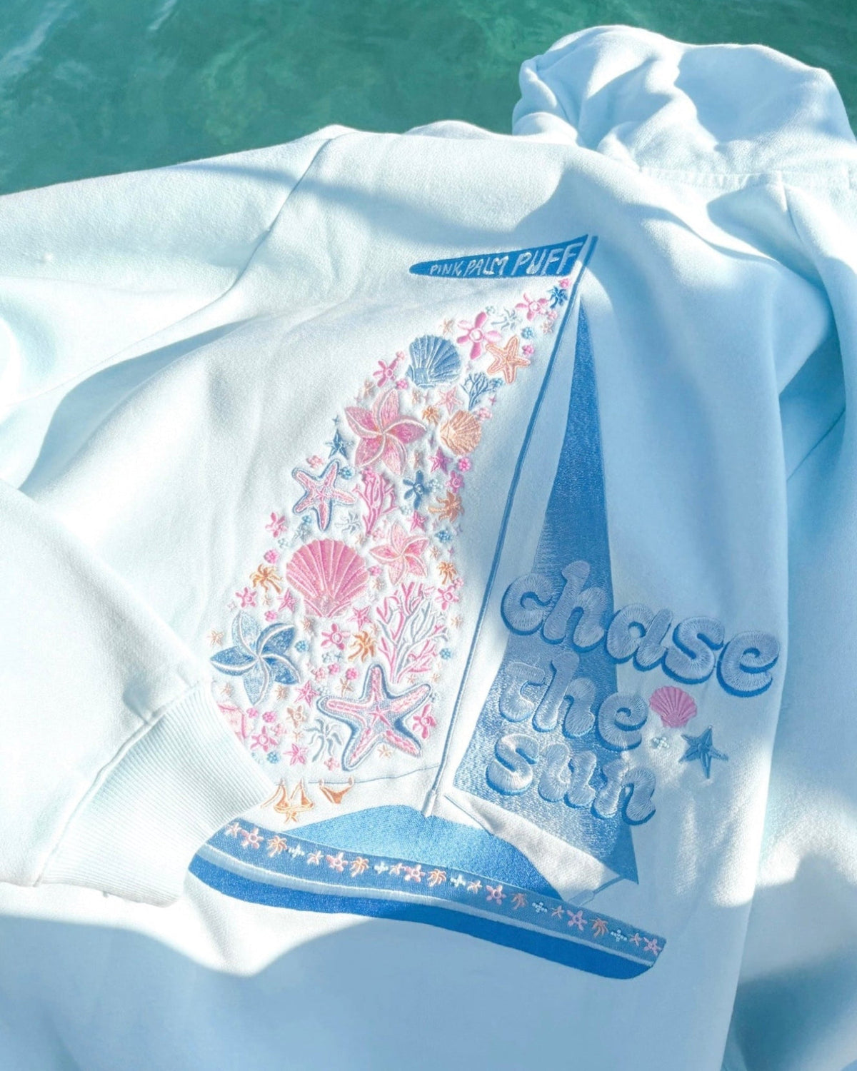 Pink Palm Puff “Chase the Sun” Relaxed Hoodie in Sky Blue