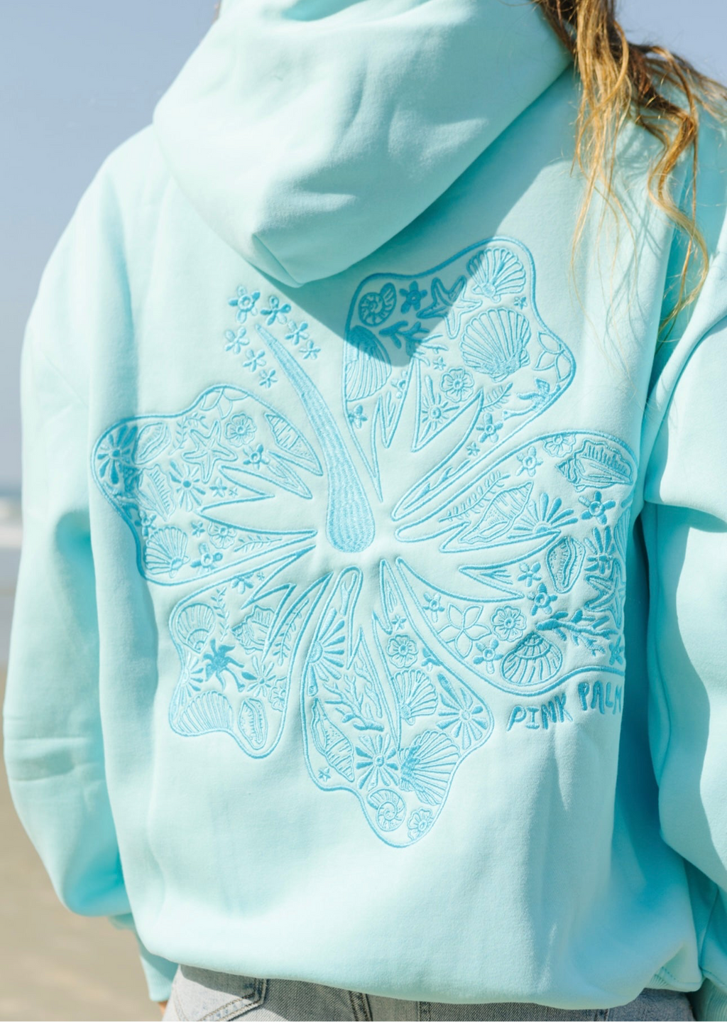 Pink Palm Puff "Hawaii Hibiscus" Hoodie in Aquamarine
