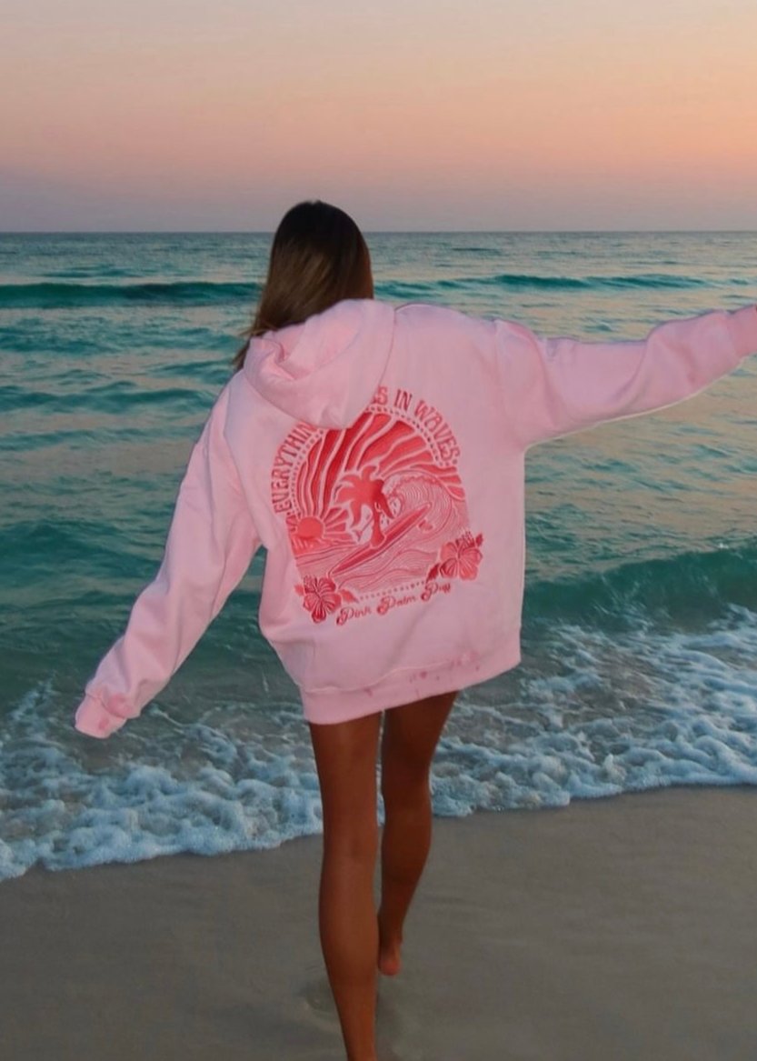 Pink Palm Puff "Everything Comes in Waves" Hoodie in Pink