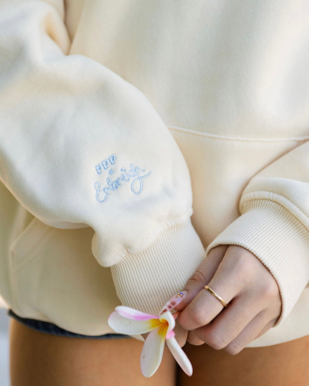 Pink Palm Puff "Live in the Moment" Hoodie in Sand