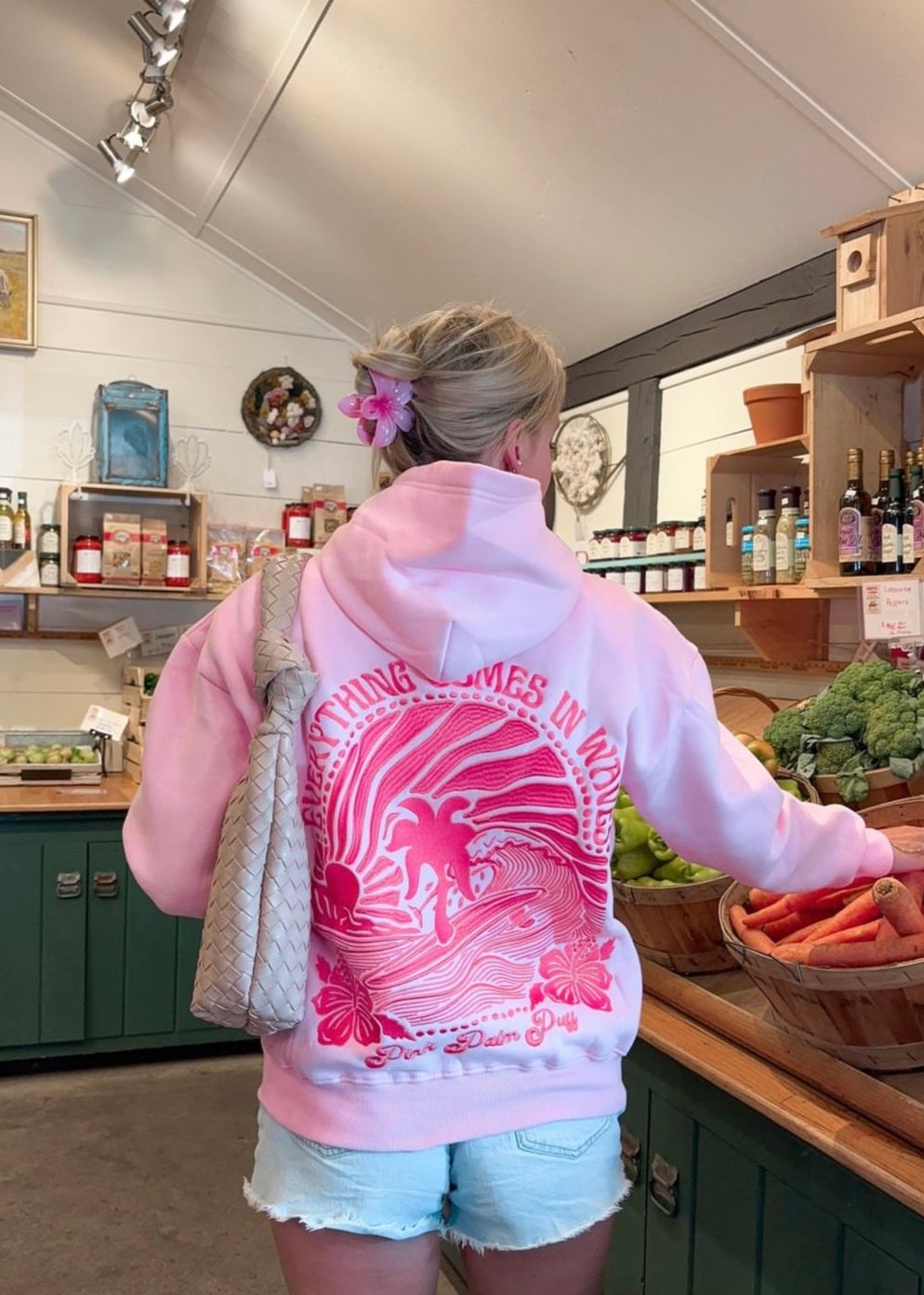 Pink Palm Puff "Everything Comes in Waves" Hoodie in Pink
