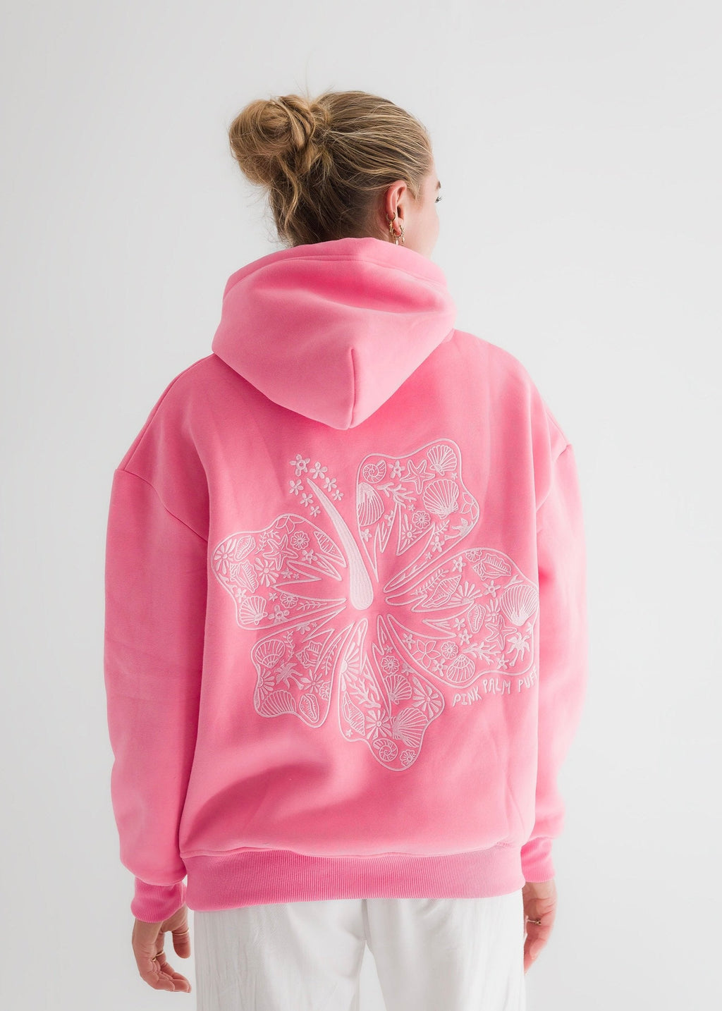Pink Palm Puff "Hawaii Hibiscus" Hoodie in Sonic Pink