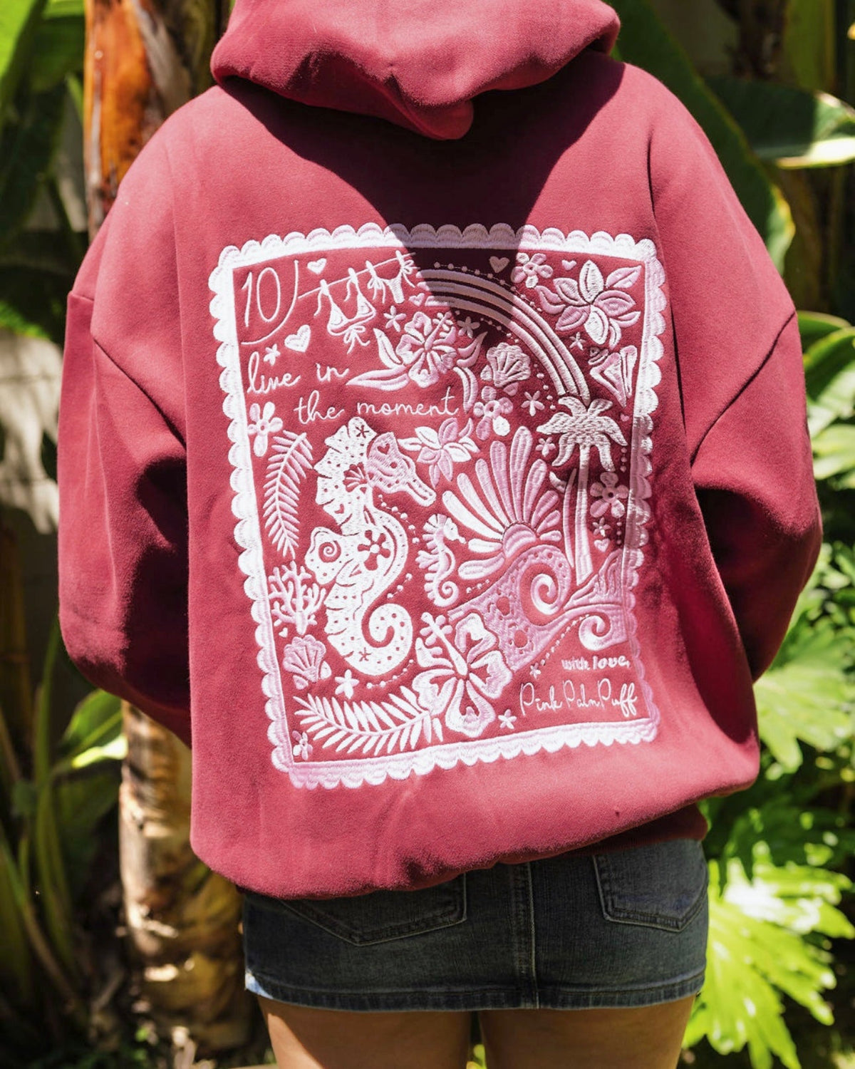 Pink Palm Puff "Live in the Moment" Hoodie in Cherry
