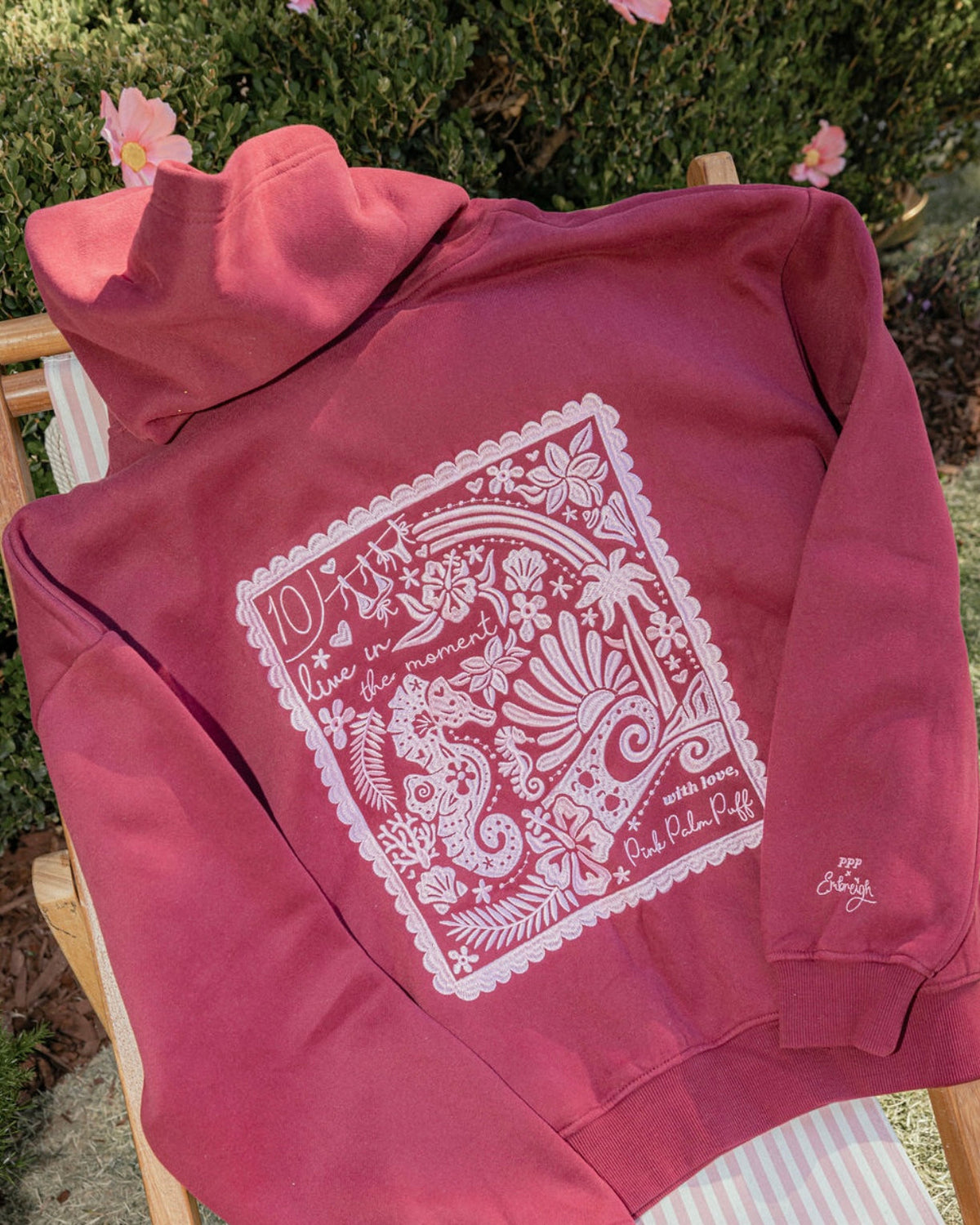 Pink Palm Puff "Live in the Moment" Hoodie in Cherry