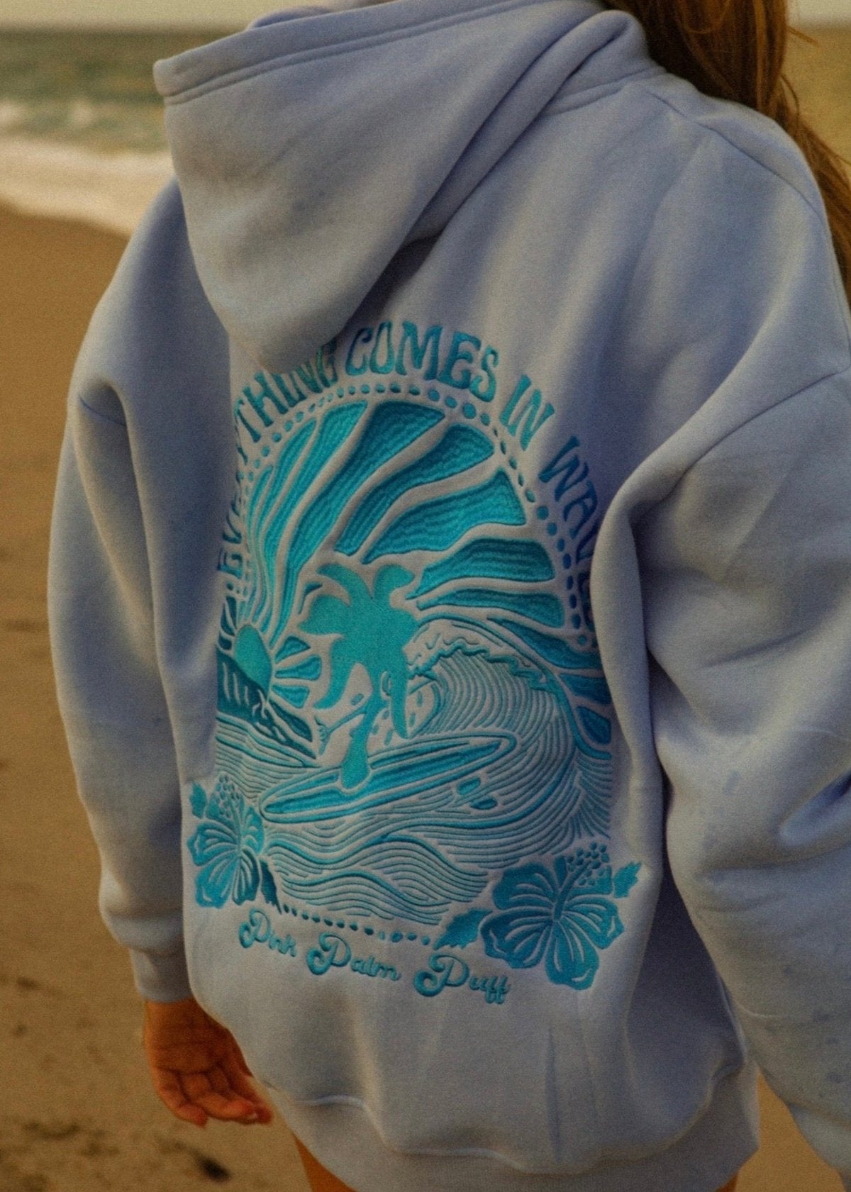 Pink Palm Puff "Everything Comes in Waves” Hoodie in Blue