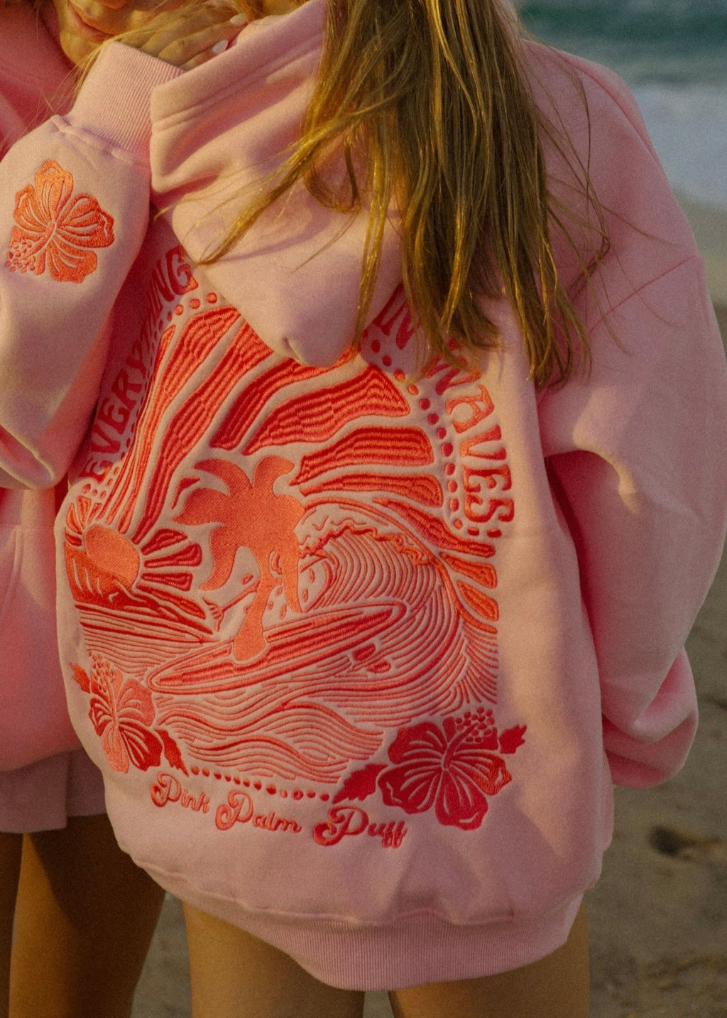 Pink Palm Puff "Everything Comes in Waves" Hoodie in Pink